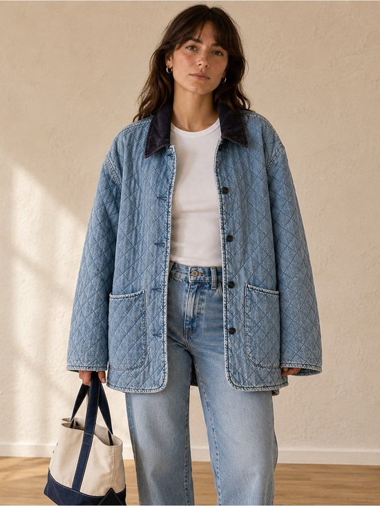 Basic Editions Jackets & Blazers - Vintage Quilted Denim Barn Jacket Navy Corduroy Collar Oversized